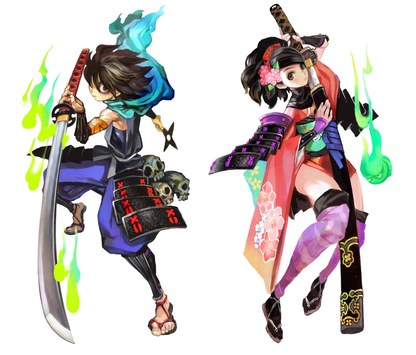 1girl armor black_hair blush brown_eyes cherry_blossoms comb dual_wielding fire floral_print flower gauntlets green_fire hair_flower hair_ornament highres hitodama holding holding_sword holding_weapon izuna_jinkuro japanese_armor japanese_clothes katana kimono kisuke kote kurokote kusazuri left-handed momohime oboro_muramasa official_art pale_skin sandals scarf sheath sheathed shigatake short_kimono shoulder_armor shuriken simple_background skull sode star striped striped_legwear suneate sword thighhighs unsheathing weapon