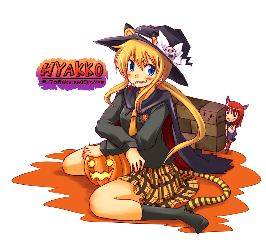 andou_nene animal_ears cape character_name copyright_name ears_through_headwear halloween hat highres hyakko jack-o'-lantern kageyama_torako kneehighs multiple_girls pikachi plaid plaid_skirt pumpkin school_uniform skirt socks tail witch_hat