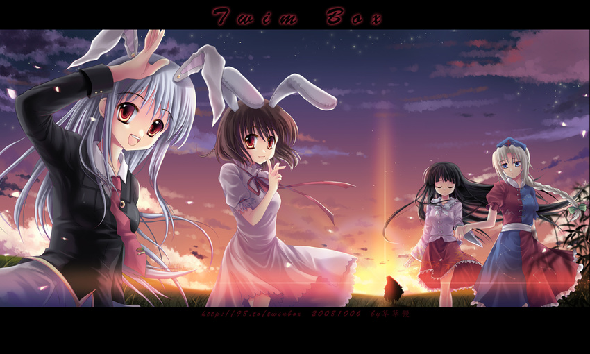 animal_ears bad_id bad_pixiv_id black_hair blazer braid brown_hair bunny_ears everyone finger_to_mouth fujiwara_no_mokou holding_hands houraisan_kaguya inaba_tewi jacket lens_flare letterboxed looking_at_viewer multiple_girls necktie pointing red_eyes reisen_udongein_inaba ribbon salute silhouette silver_hair smile sousouman sunlight sunset touhou wallpaper yagokoro_eirin