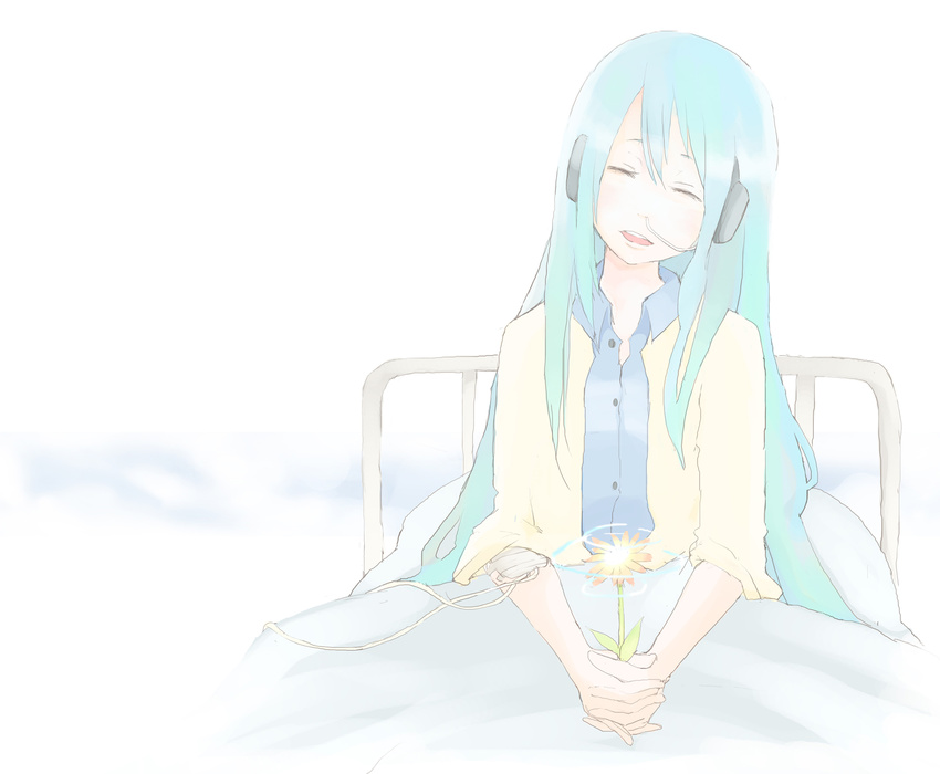 alternate_hairstyle bed blue_hair breathing_tube closed_eyes dying flower hair_down hatsune_miku headphones highres holding holding_flower hospital_bed intravenous_drip long_hair shiningray_(vocaloid) sick smile solo tansuke vocaloid