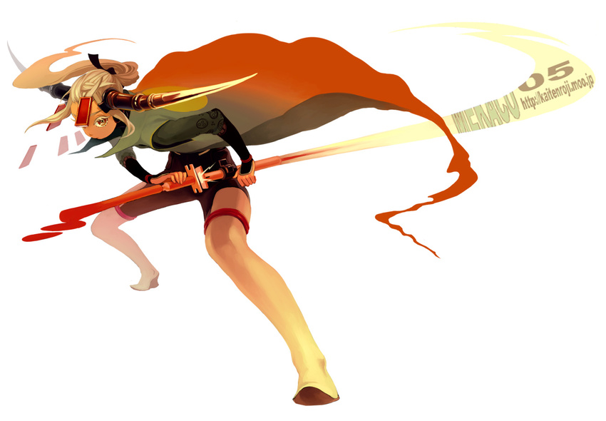 blonde_hair brown_eyes cape copyright_request horns iwamoto_zerogo long_hair mecha_musume solo sword thighhighs weapon