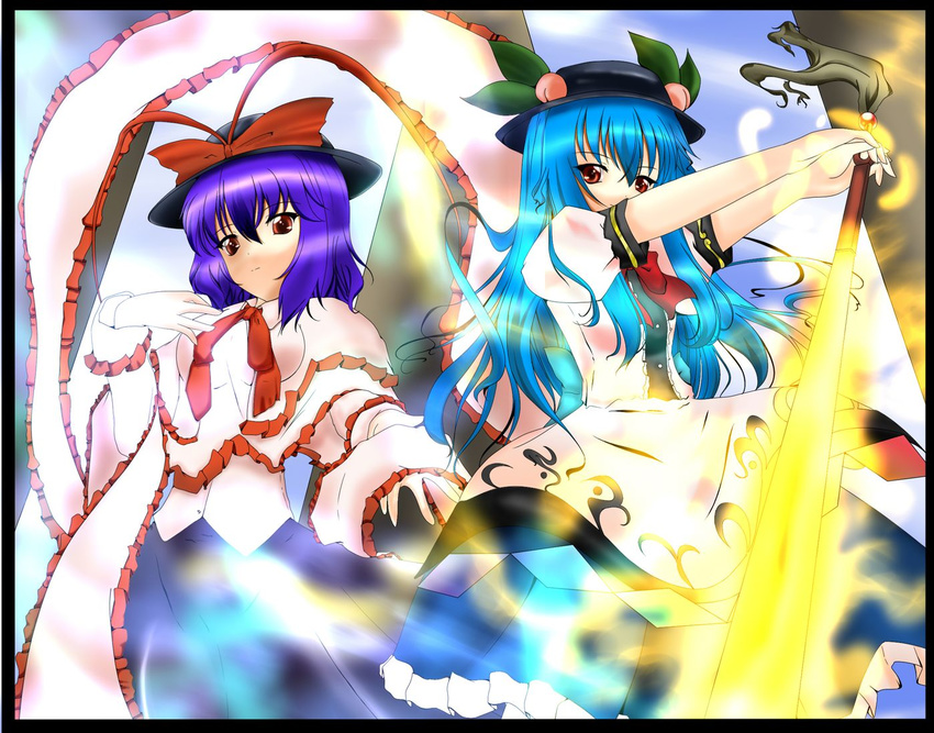 aura blue_hair capelet food frills fruit hat hinanawi_tenshi leaf multiple_girls nagae_iku peach purple_hair red_eyes shawl shirosuzu sword sword_of_hisou touhou weapon