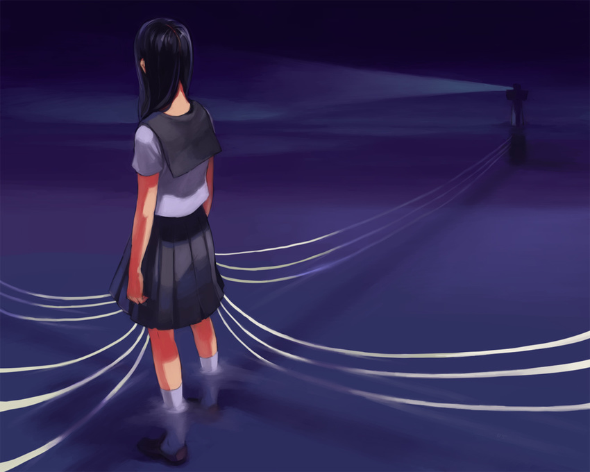 black_hair iwamoto_zerogo lighthouse long_hair ocean original school_uniform skirt socks solo thread