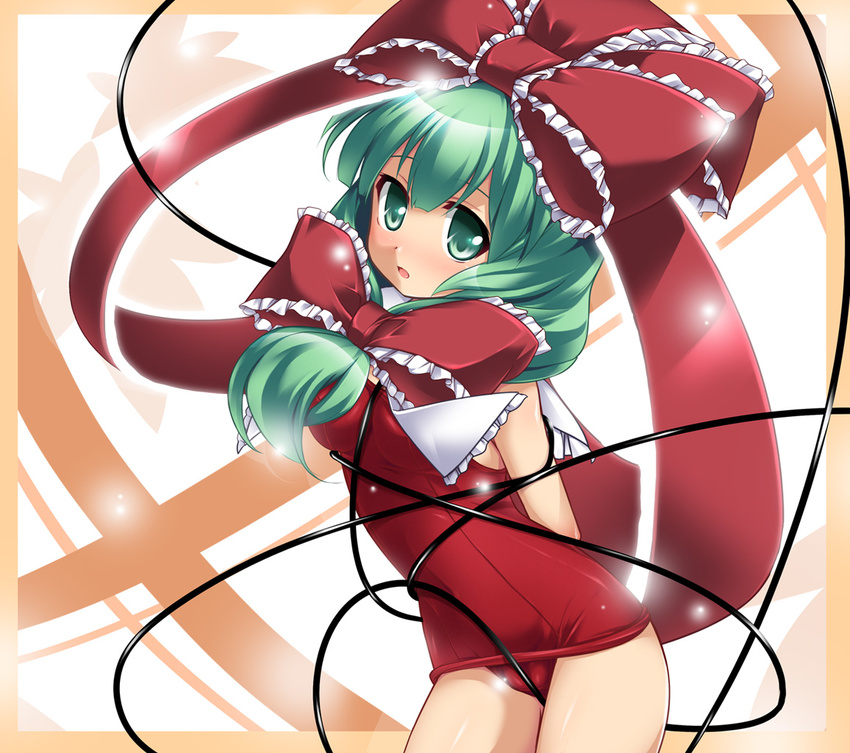 alternate_color_school_swimsuit front_ponytail green_hair kagiyama_hina katami_shinta long_hair one-piece_swimsuit red_swimsuit ribbon school_swimsuit solo swimsuit touhou