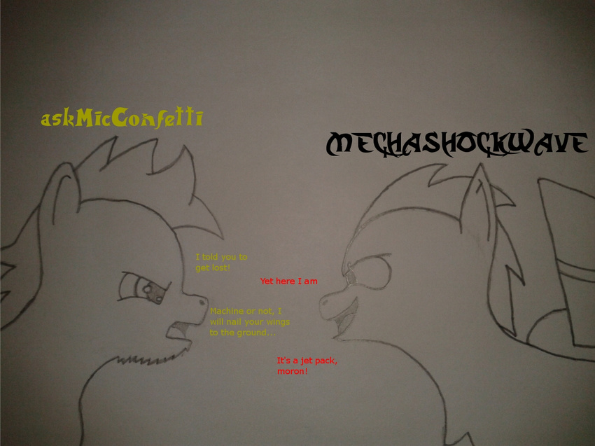 ambiguous_gender angry arguing askmicconfetti beard dialogue equine facial_hair hand_drawn jetpack machine mechanical mechashockwave my_little_pony original_character pegasi pegasus pencil plain_background rivals robot text white_background wings