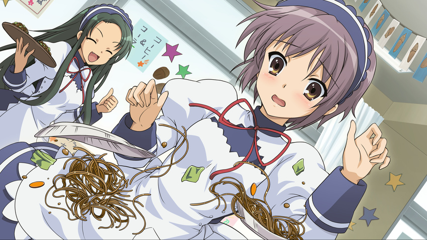 :d ^_^ accident artist_request bangs blush closed_eyes dish dutch_angle embarrassed falling fang food game_cg green_hair highres juliet_sleeves lavender_hair long_hair long_sleeves maid maid_headdress multiple_girls nagato_yuki no_eyewear official_art open_mouth puffy_sleeves smile spilling suzumiya_haruhi_no_shoushitsu suzumiya_haruhi_no_tsuisou suzumiya_haruhi_no_yuuutsu thumbs_up tray tsuruya very_long_hair waitress wavy_mouth yakisoba yellow_eyes