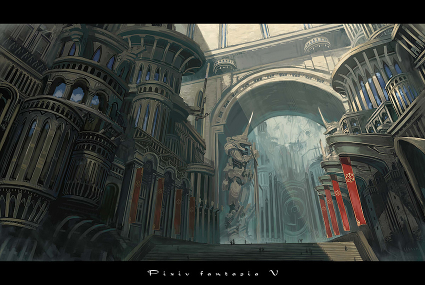 bad_id bad_pixiv_id banner city fortress hallway letterboxed pixiv_fantasia pixiv_fantasia_5 reflection rounin_(amuza) scenery stairs statue