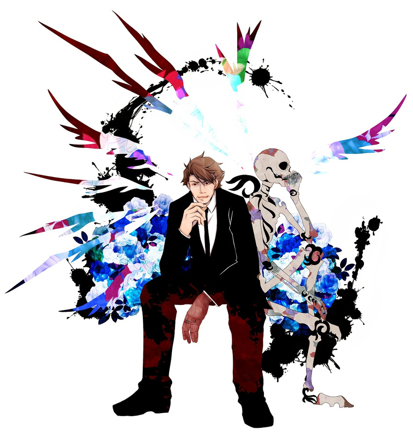 abstract bad_id bad_pixiv_id brown_hair flower formal hand_on_own_chin male_focus masaoka_tomomi mechanical_arm necktie psychedelic psycho-pass rose simple_background skeleton solo splotch suit torimura