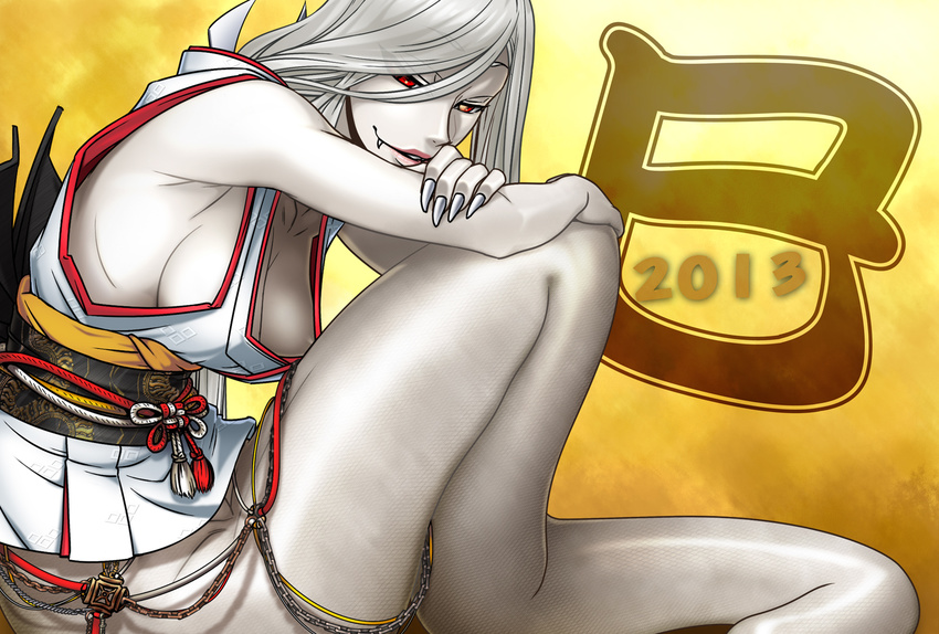 2013 aozoraichi breasts cleavage medium_breasts original pale_skin sideboob snake_tail solo tail white_hair