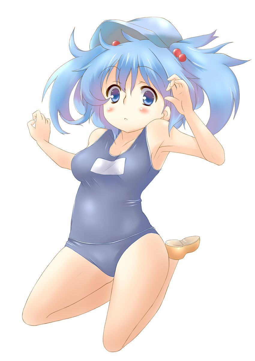 :&lt; absurdres armpits blue_eyes blue_hair breasts full_body hair_bobbles hair_ornament hat highres kawashiro_nitori medium_breasts one-piece_swimsuit plump school_swimsuit short_hair solo spirytus_tarou swimsuit touhou two_side_up