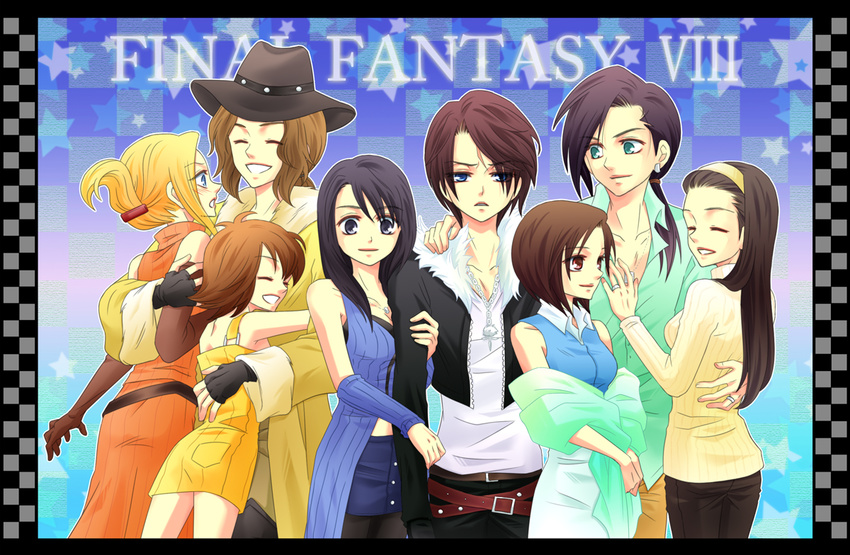 3boys 5girls :d ^_^ aqua_eyes arm_hug arm_warmers bad_id bad_pixiv_id black_hair blonde_hair blue_eyes brown_hair closed_eyes collarbone copyright_name cowboy_hat ellone father_and_daughter father_and_son final_fantasy final_fantasy_viii fingerless_gloves flipped_hair fur_trim gloves griever hat height_difference hug husband_and_wife irvine_kinneas jacket jewelry laguna_loire long_hair looking_at_viewer mother_and_daughter mother_and_son multiple_boys multiple_girls necklace open_mouth parted_lips quistis_trepe raine_loire ring rinoa_heartilly selphie_tilmitt short_hair skirt sleeveless_duster smile spoilers squall_leonhart yellow_skirt