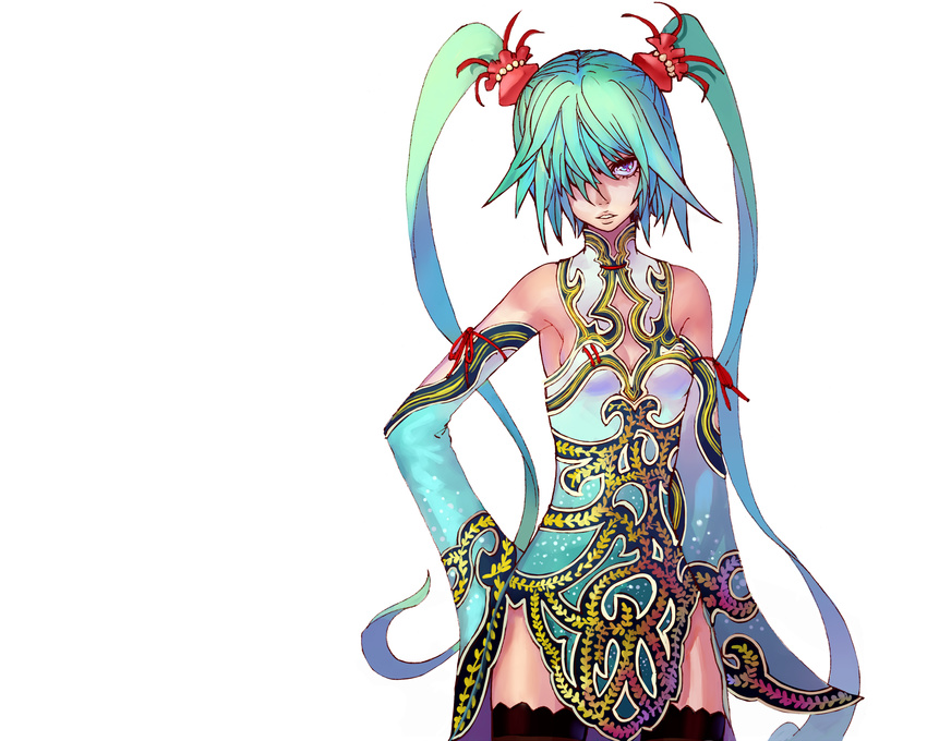 aqua_hair chinese_dress hatsune_miku kansou_samehada long_hair thighhighs twintails vocaloid white