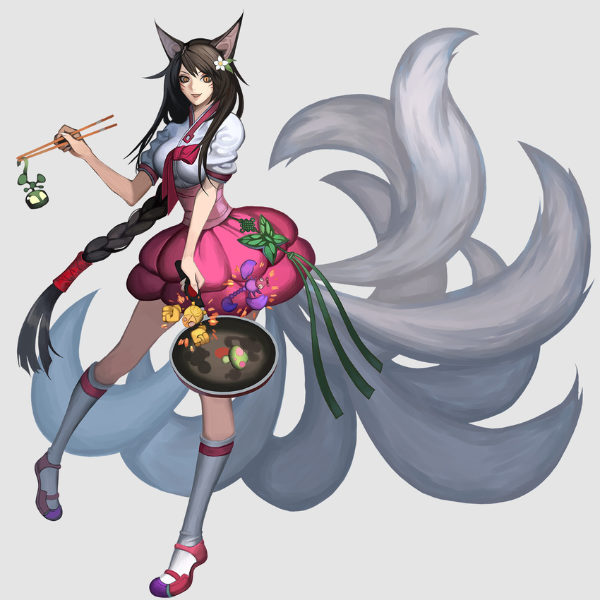 ahri amumu animal_ears black_hair blitzcrank braid bug butterfly chibi chopsticks flower fox_ears fox_tail frying_pan hair_flower hair_ornament highres insect kneehighs league_of_legends long_hair multiple_tails mummy mushroom ponytail robot scorpion skarner solo tail zeroguy