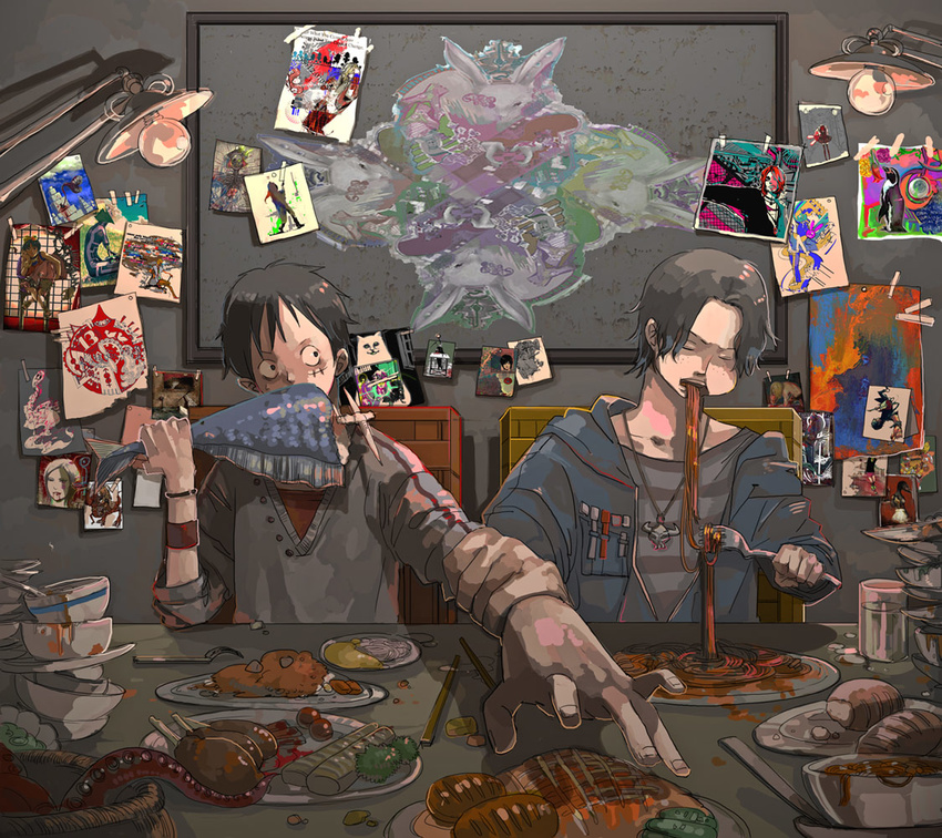 2boys alternate_costume brother brothers eating fish food igarashi_(wp13) male male_focus monkey_d_luffy multiple_boys one_piece plate portgas_d_ace poster shueisha siblings sleeping spagatti spaghetti