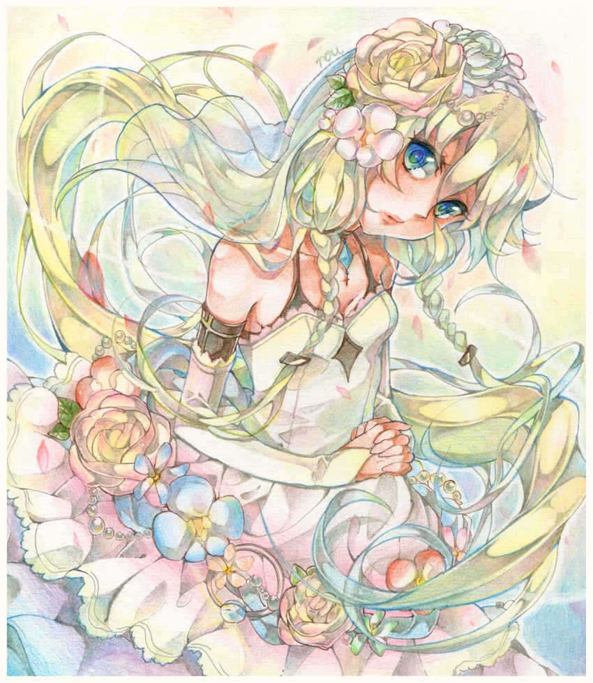 bare_shoulders blonde_hair blue_eyes bridal_gauntlets dress elbow_gloves flower gloves hair_flower hair_ornament highres ia_(vocaloid) long_hair looking_at_viewer nou petals solo traditional_media veil very_long_hair vocaloid white_dress