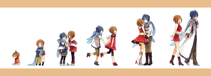 1girl age_progression akiyoshi_(tama-pete) alternate_costume arm_warmers baby bangs black_footwear blue_eyes blue_gloves blue_hair blue_scarf blush bob_cut boots breasts brown_eyes brown_hair brown_pants capelet capri_pants child comforting crop_top diaper dress eye_contact fingerless_gloves food gloves hair_ornament hand_on_another's_head hand_to_own_mouth headset hetero high_heel_boots high_heels highres holding_hands hug ice_cream ice_cream_cone ice_cream_cone_spill jacket kaito knee_boots long_jacket long_sleeves looking_at_another medium_breasts meiko midriff miniskirt no_socks open_clothes open_jacket pants petting red_dress red_skirt sailor_collar sakine_meiko scarf shirt shoes short_dress short_hair short_sleeves simple_background sitting skirt sleeveless sleeveless_shirt smile standing vocaloid walking white_footwear white_jacket younger