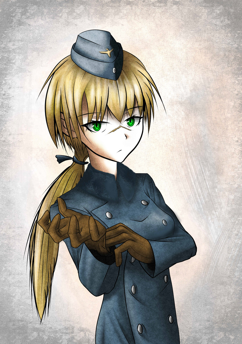 absurdres adjusting_clothes adjusting_gloves blonde_hair double-breasted garrison_cap gloves green_eyes hanna_rudel hat highres jacket jatts long_hair military military_uniform ponytail scar solo trench_coat uniform world_witches_series