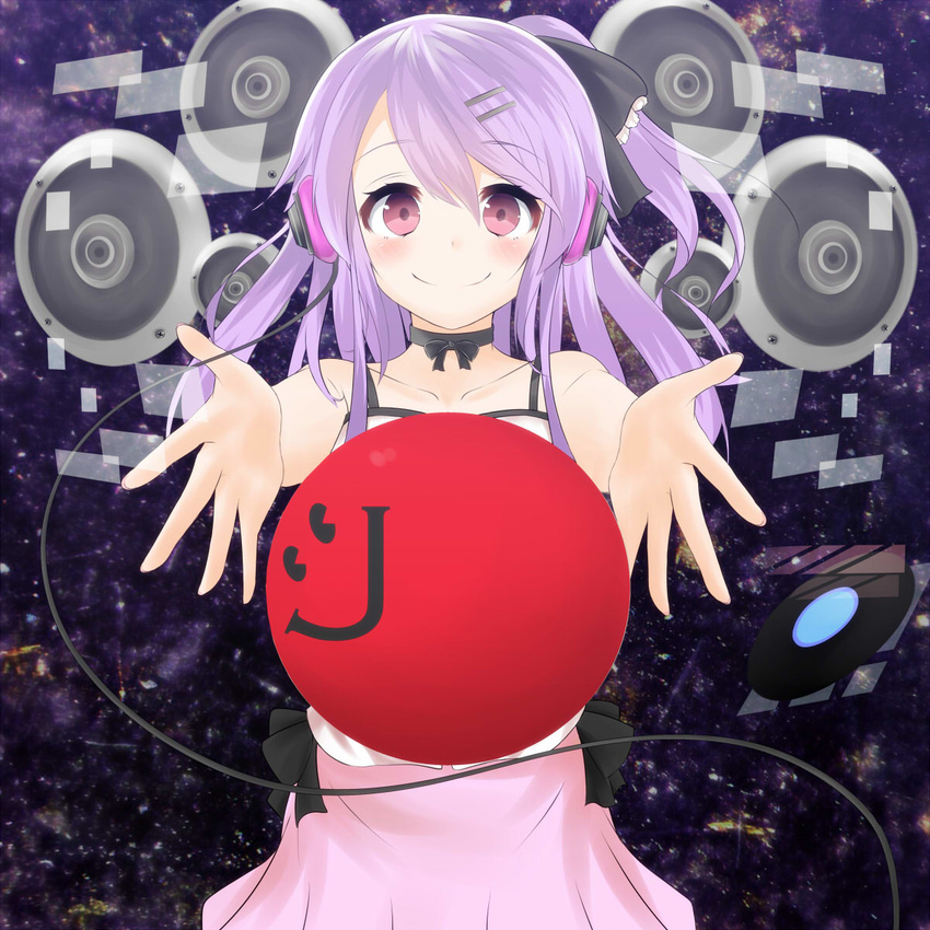 bad_id bad_pixiv_id ball blush camisole hair_ornament hairclip headphones highres long_hair looking_at_viewer morinaoekaki one_side_up original outstretched_arms purple_eyes purple_hair record skirt smile smiley_face solo speaker