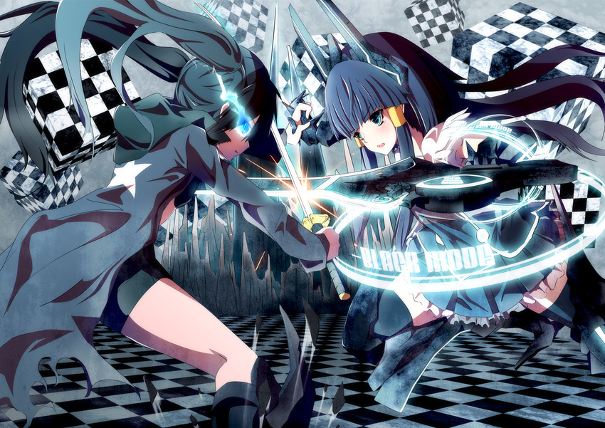 aoki_reika bike_shorts black_rock_shooter black_rock_shooter_(character) crossover meron_to_maria pretty_cure smile_precure! sword thighhighs vocaloid