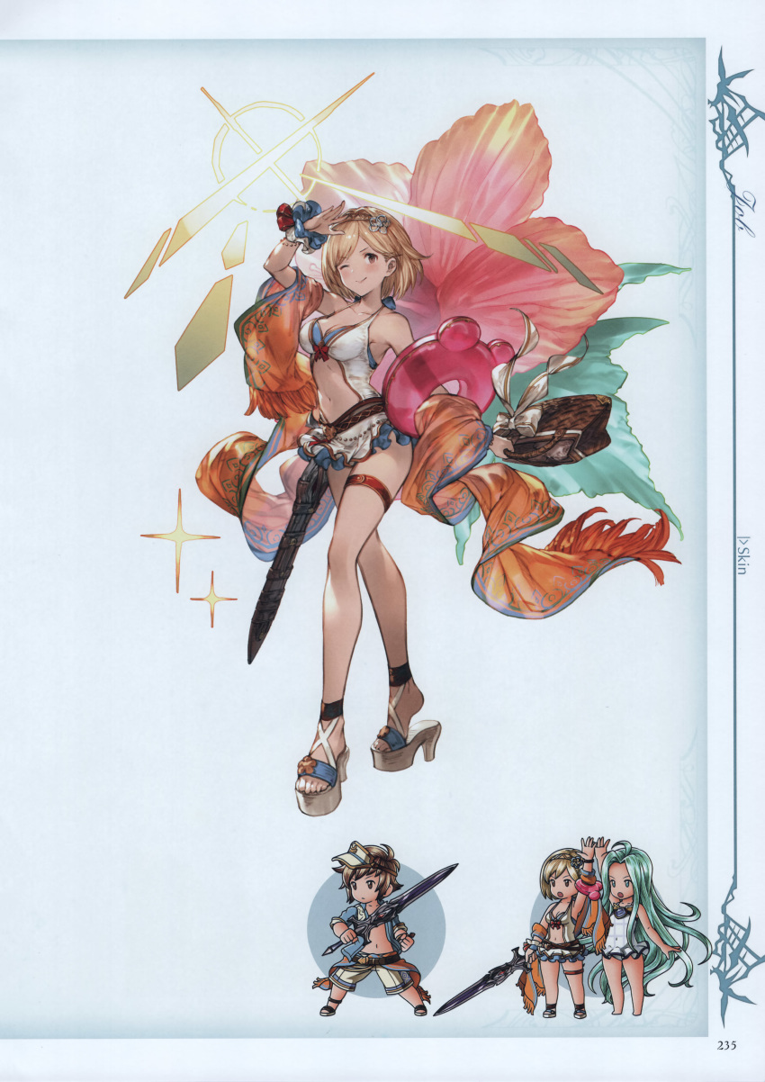 1girl absurdres bag bangs bare_shoulders blonde_hair blue_bikini_top blush bow bowtie breasts brown_eyes cleavage collarbone djeeta_(granblue_fantasy) eyebrows_visible_through_hair flower full_body granblue_fantasy hair_ornament hairband halterneck hibiscus highres holding innertube layered_skirt layered_swimsuit looking_at_viewer medium_breasts minaba_hideo navel official_art one_eye_closed open_toe_shoes platform_footwear sandals scan sheath sheathed smile sparkle standing sunlight swimsuit sword thigh_strap weapon wrist_cuffs