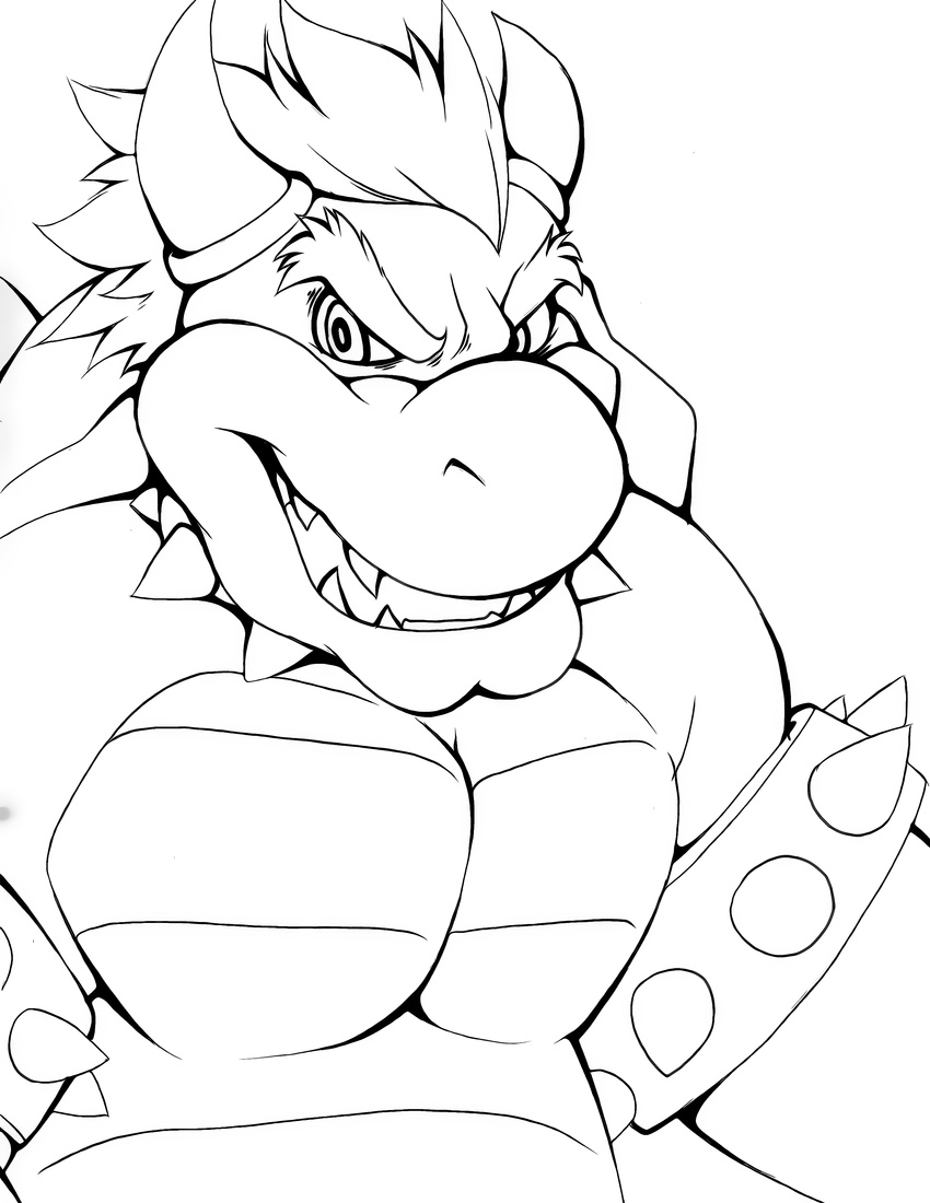 bowser hair hi_res horn koopa line_art looking_at_viewer male mario_bros monochrome muscles nintendo nude open_mouth pecs plain_background scalie smile teeth video_games white_background