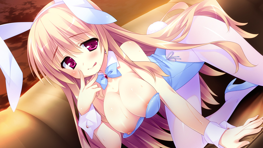 blush breasts bunny_ears bunny_trap bunnygirl game_cg hinata_mutsuki kisaragi_miu long_hair nipples purple_eyes skyfish wet