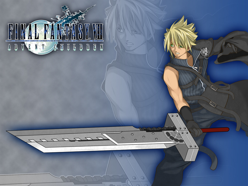 1boy blonde_hair bula cloud_strife final_fantasy final_fantasy_vii final_fantasy_vii_advent_children gloves huge_sword huge_weapon male male_focus pauldrons short_hair solo spiked_hair sword weapon