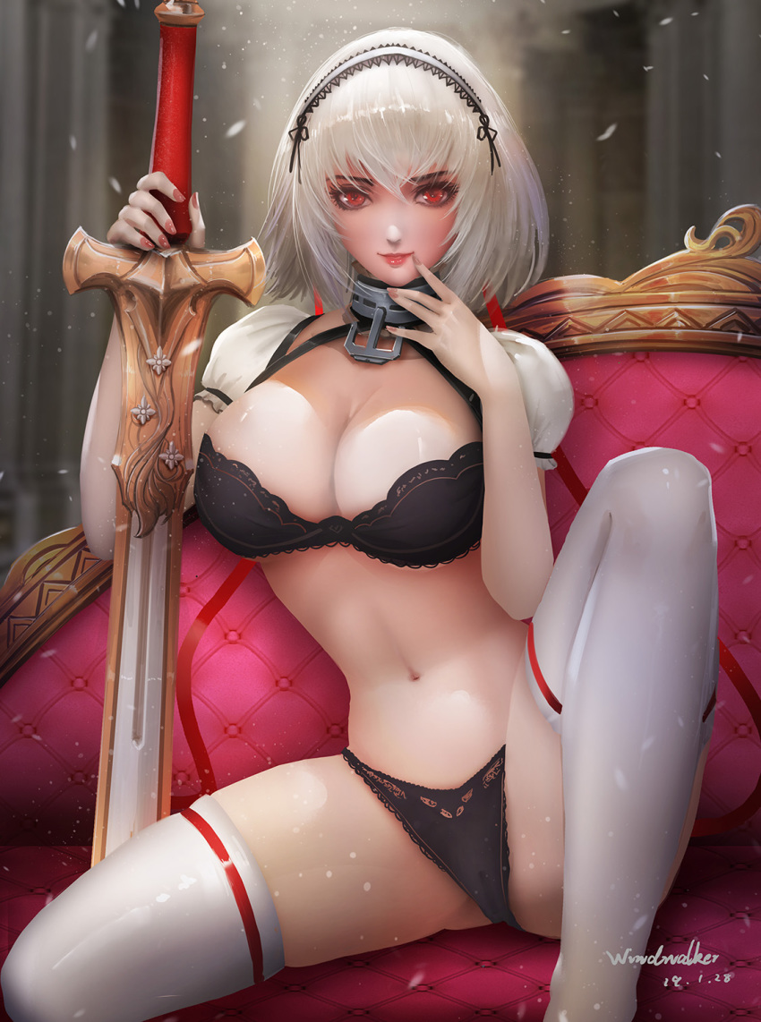 1girl anchor azur_lane bangs black_bra black_panties blush bra breasts choker cleavage collarbone couch dated detached_sleeves groin hair_between_eyes hairband highres holding holding_sword holding_weapon indoors kaze_no_gyouja knee_up lace-trimmed_hairband large_breasts light_particles lingerie looking_at_viewer nail_polish navel panties puffy_short_sleeves puffy_sleeves red_eyes red_lips red_nails short_hair short_sleeves sidelocks signature sirius_(azur_lane) skindentation solo stomach sword thighhighs underwear weapon white_hair white_legwear