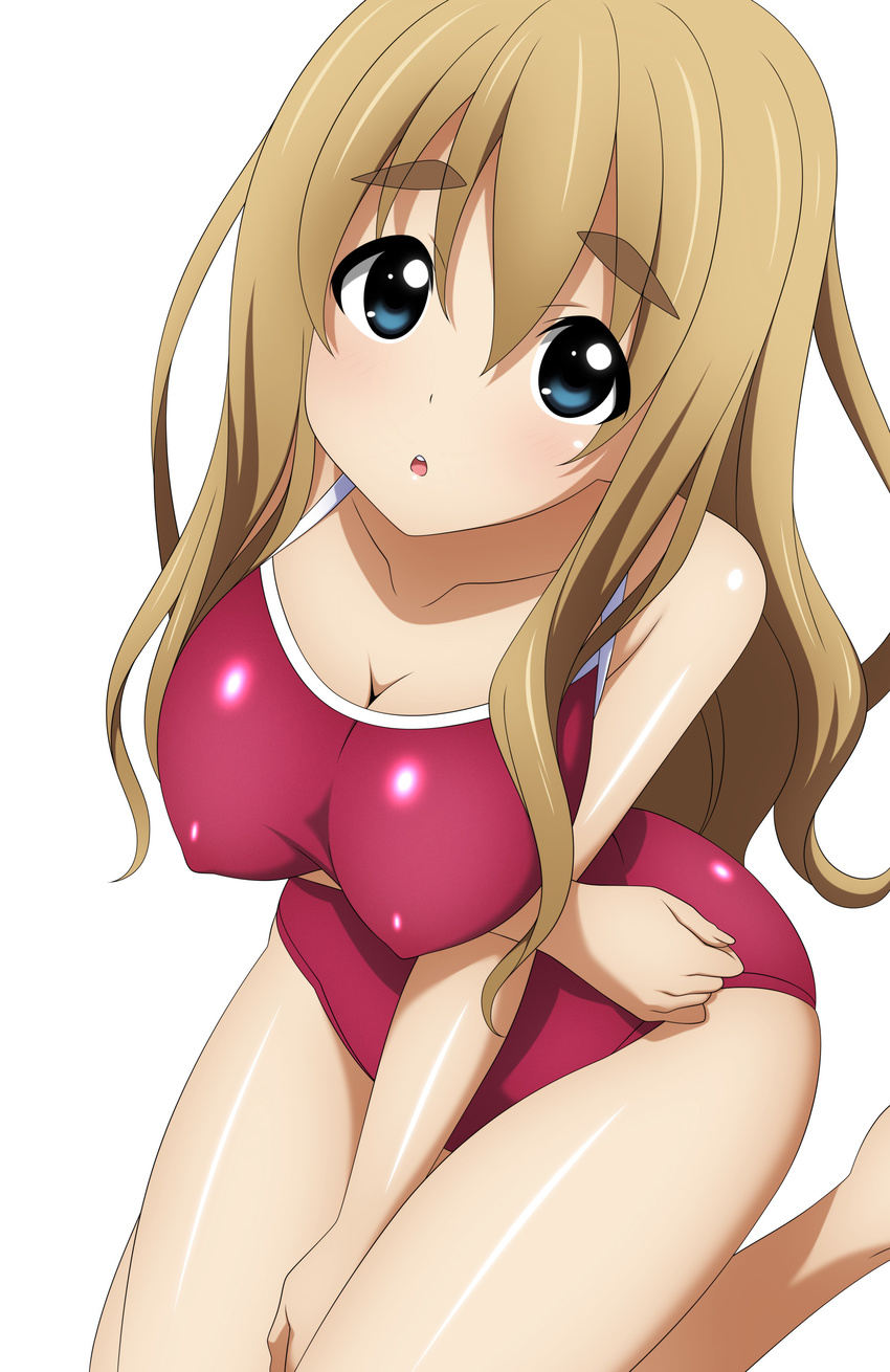 absurdres blonde_hair breasts cleavage competition_school_swimsuit covered_nipples highres k-on! kotobuki_tsumugi large_breasts long_hair looking_at_viewer looking_up one-piece_swimsuit solo sugimura_tomokazu swimsuit