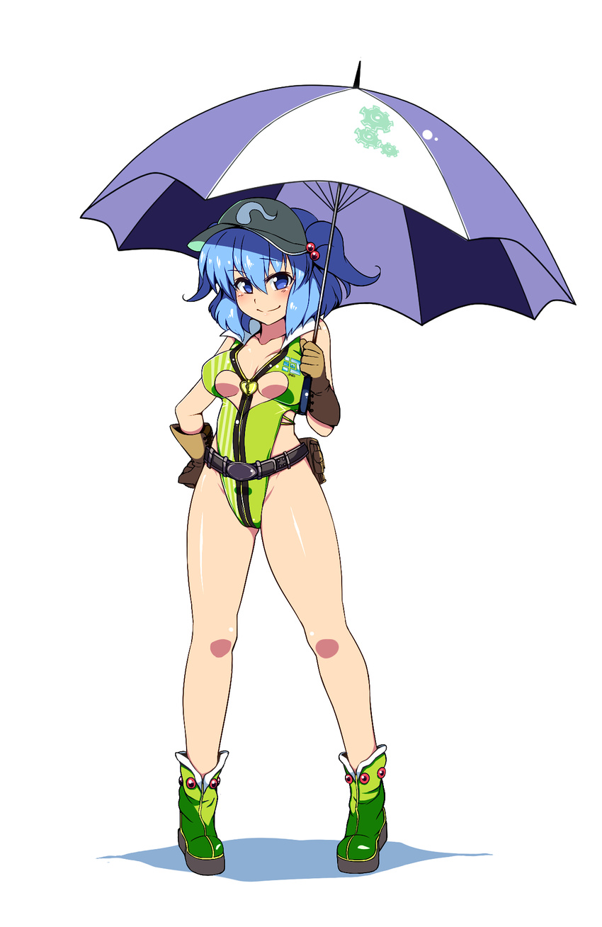alternate_costume bad_id bad_pixiv_id belt blue_eyes blue_hair boots breasts full_body gloves hair_bobbles hair_ornament hand_on_hip highres kawashiro_nitori large_breasts looking_at_viewer meicha one-piece_swimsuit pouch race_queen short_hair simple_background smile solo swimsuit touhou two_side_up umbrella visor_cap white_background