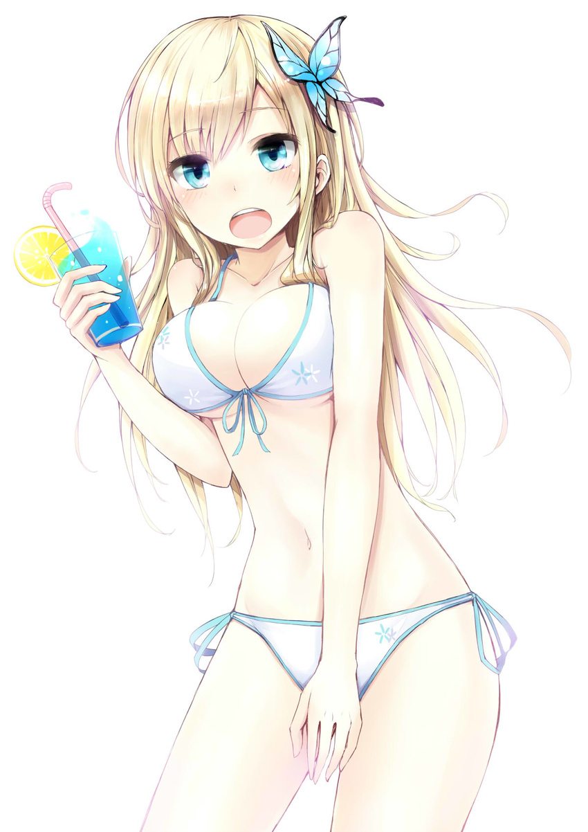 :o bikini blonde_hair blue_eyes blush boku_wa_tomodachi_ga_sukunai breasts bug butterfly butterfly_hair_ornament cleavage covering covering_crotch drink drinking_straw floral_print food front-tie_top fruit hair_ornament hanamuke highres insect kashiwazaki_sena large_breasts lemon lemon_slice long_hair navel open_mouth side-tie_bikini solo swimsuit tropical_drink
