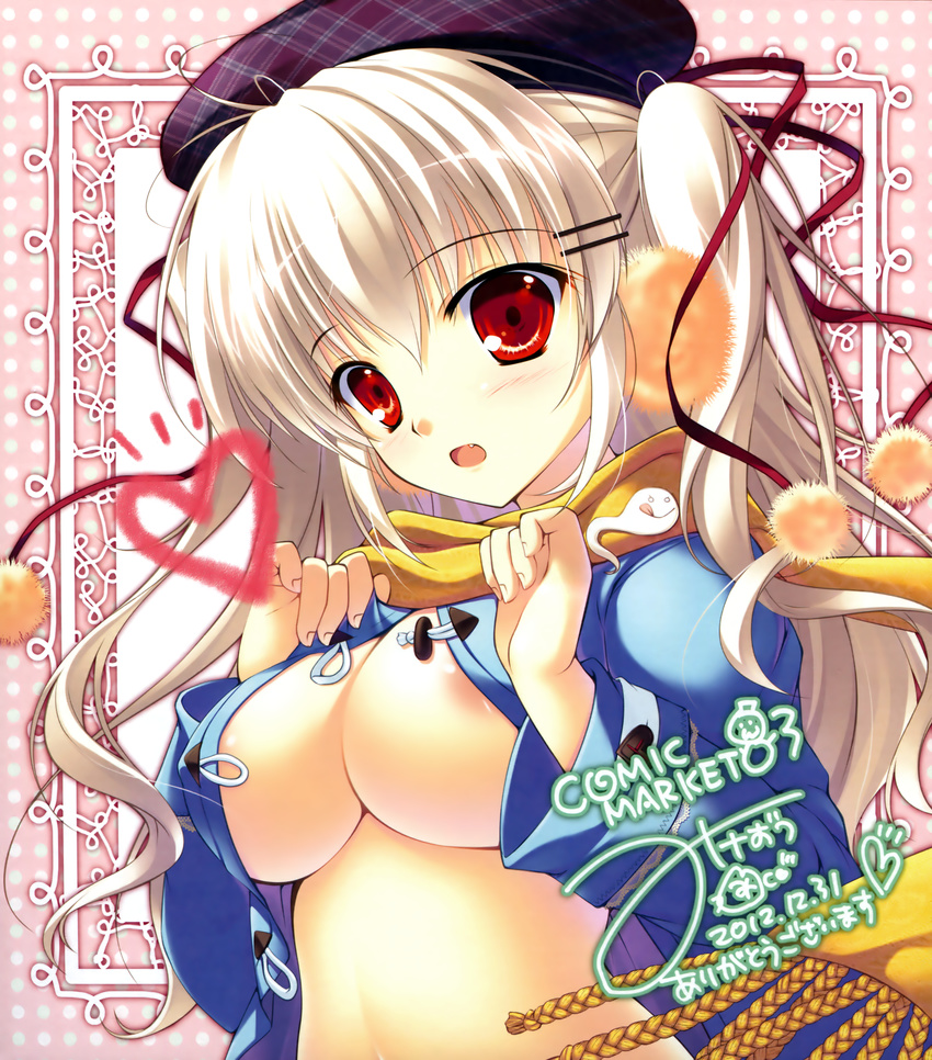 absurdres areola_slip areolae breasts copyright_request d: dated fang grey_hair hat heart highres huge_filesize large_breasts long_hair mikeou no_bra open_clothes open_mouth open_shirt red_eyes scarf shirt signature twintails two_side_up underboob yellow_scarf