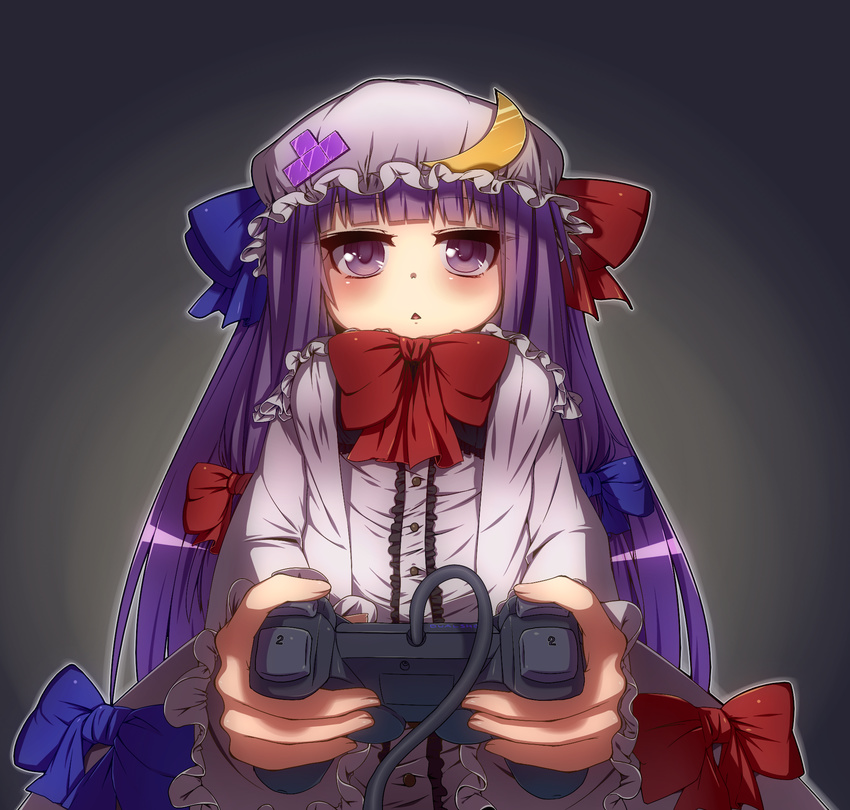 :&lt; blush bow controller crescent dualshock game_console game_controller gamepad hair_bow hat hat_ornament highres long_hair open_mouth patchouli_knowledge playing_games playstation_2 purple_eyes purple_hair rutsubo solo tetris touhou triangle_mouth