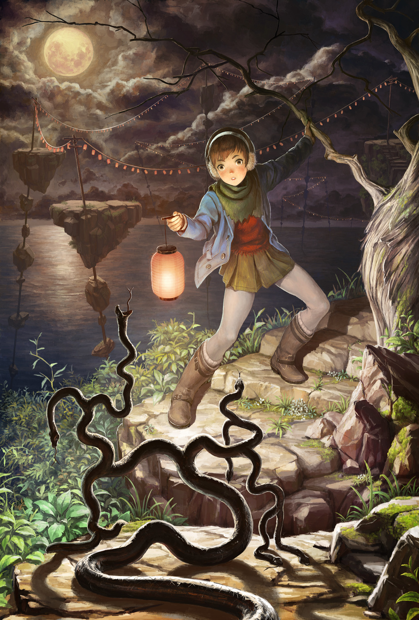 arata_yokoyama boots brown_eyes brown_hair cloud coat earmuffs full_moon grey_legwear highres lantern moon nature night night_sky original pantyhose paper_lantern parted_lips pleated_skirt scarf scenery shadow short_hair skirt sky solo tree white_legwear