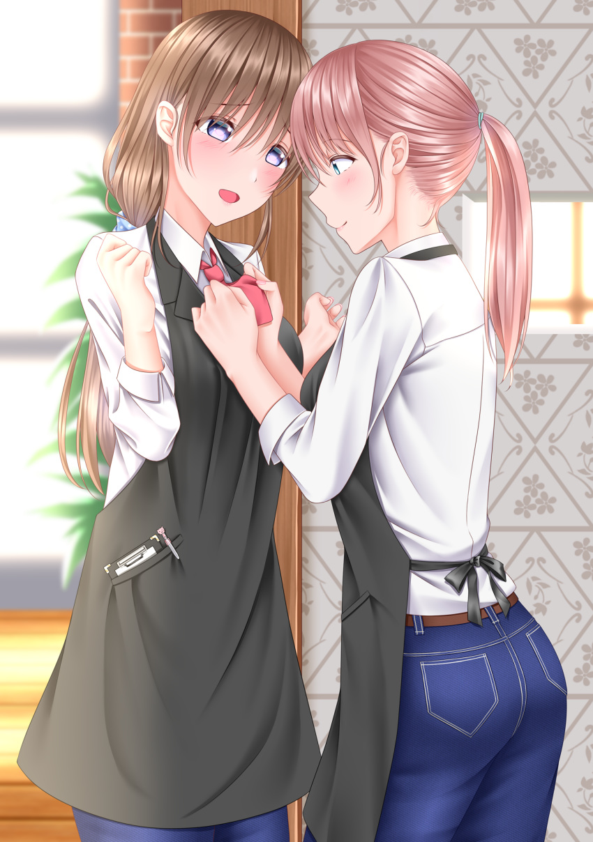2girls adjusting_another's_clothes apron bangs black_apron blue_eyes blue_pants blue_scrunchie blush brown_hair closed_mouth commentary_request denim eyebrows_visible_through_hair hair_tie highres jeans light_brown_hair long_hair low_ponytail multiple_girls naginagiwaffle necktie notepad open_mouth original pants pen plant polka_dot polka_dot_scrunchie ponytail red_neckwear scrunchie shirt smile white_shirt yuri