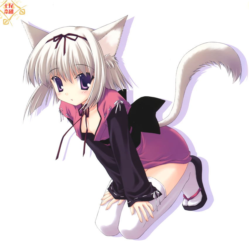 absurdres animal_ears blush breasts cat_ears cat_tail copyright_request dutch_angle full_body geta hair_ribbon highres huge_filesize japanese_clothes kneeling looking_at_viewer medium_breasts nanao_naru no_bra purple_eyes ribbon sandals simple_background solo tabi tail thighhighs white_background white_hair white_legwear zettai_ryouiki
