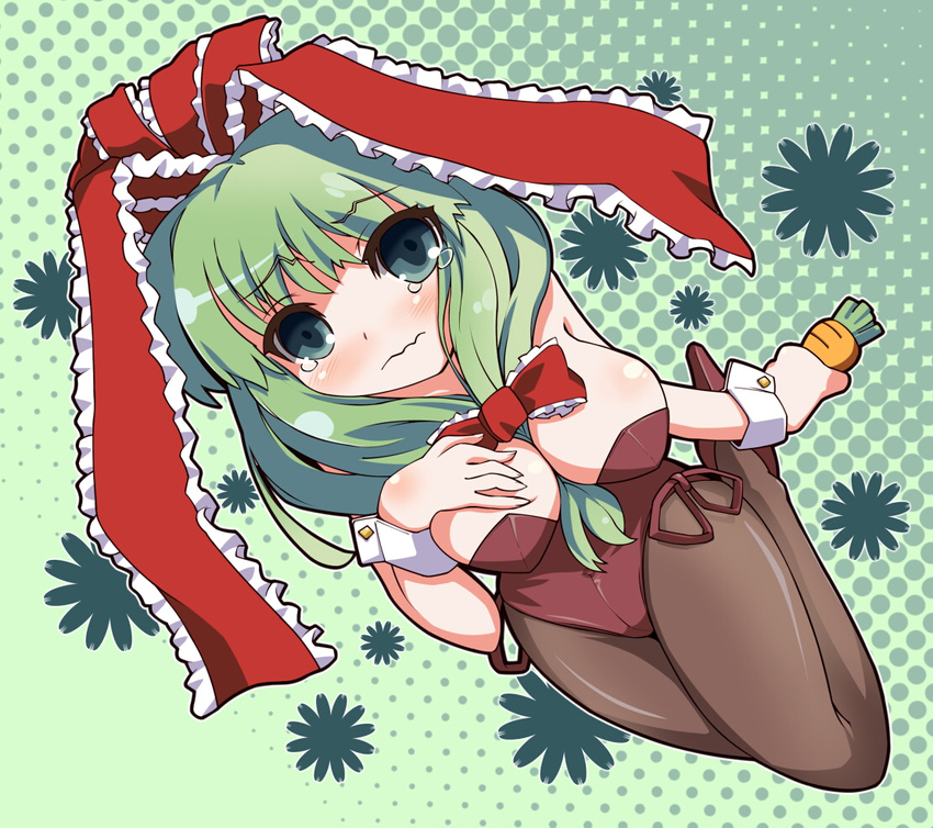 black_legwear blush breasts brown_leotard bunnysuit carrot front_ponytail green_eyes green_hair hair_ribbon high_heels kagiyama_hina large_breasts leotard long_hair pantyhose ribbon shoes solo take_tonbo tears touhou wavy_mouth wrist_cuffs