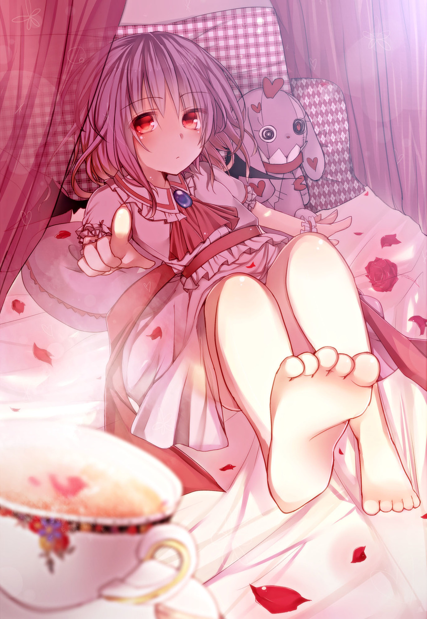 ascot bad_feet bad_hands barefoot bat_wings bed brooch canopy_bed cup flower highres jewelry lying on_bed petals pillow purple_hair red_eyes red_flower red_rose remilia_scarlet rose sash shirt skirt skirt_set solo stuffed_animal stuffed_bunny stuffed_toy teacup toufukin touhou wings
