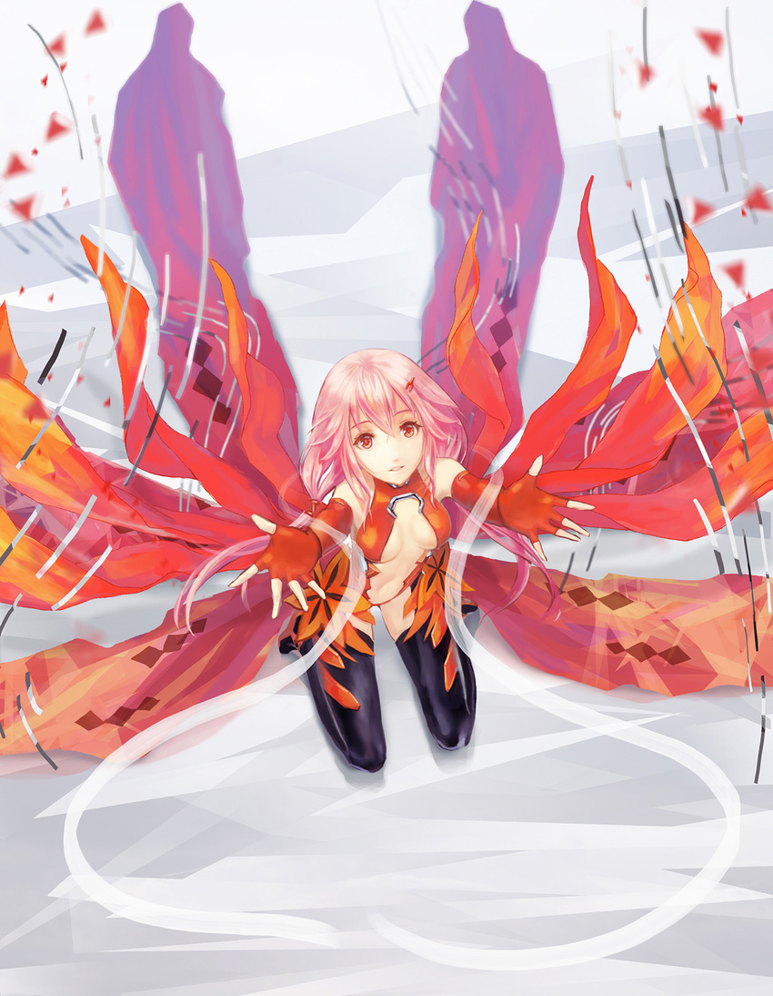 black_legwear breasts center_opening cleavage detached_sleeves fingerless_gloves gloves guilty_crown highres long_hair medium_breasts outstretched_arms pink_hair rakuhei red_eyes solo thighhighs twintails yuzuriha_inori