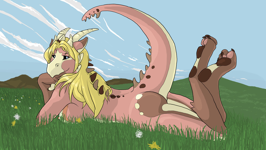 anus bleuhawke blonde_hair blue_eyes breasts butt claws dragon female grass hair horn looking_at_viewer lying murr_(purri) nipples nude outside pink_skin raised_tail scalie side_boob solo