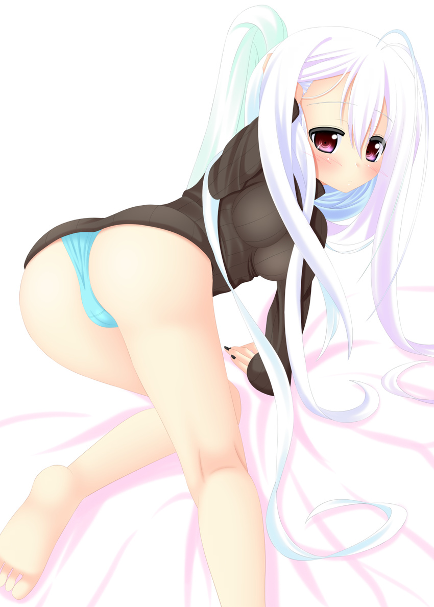 all_fours ass bare_legs barefoot blue_panties blush highres kneepits long_hair looking_at_viewer looking_back nail_polish original panties purple_eyes ribbon soles solo underwear white_hair yoye_(pastel_white)