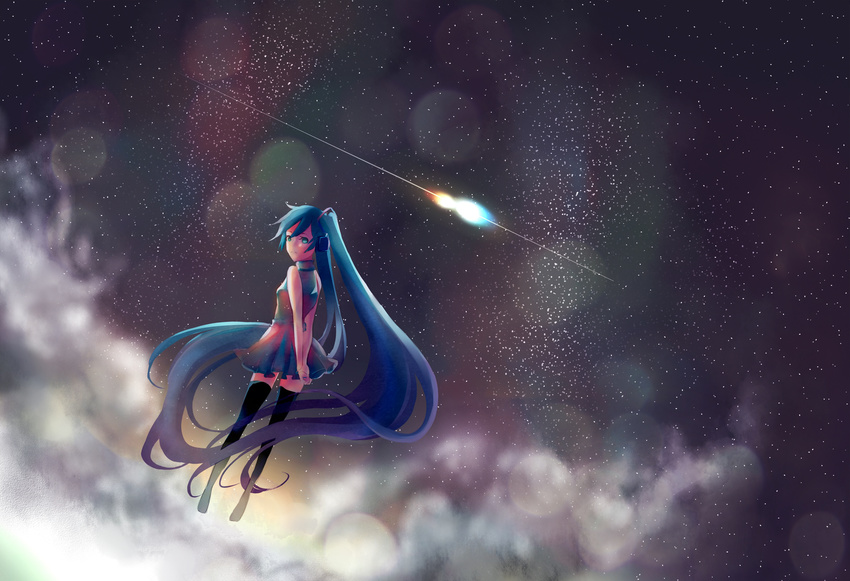 absurdres bad_id bad_pixiv_id cloud currypan99 floating hatsune_miku highres long_hair looking_back night shooting_star solo star_(sky) vocaloid
