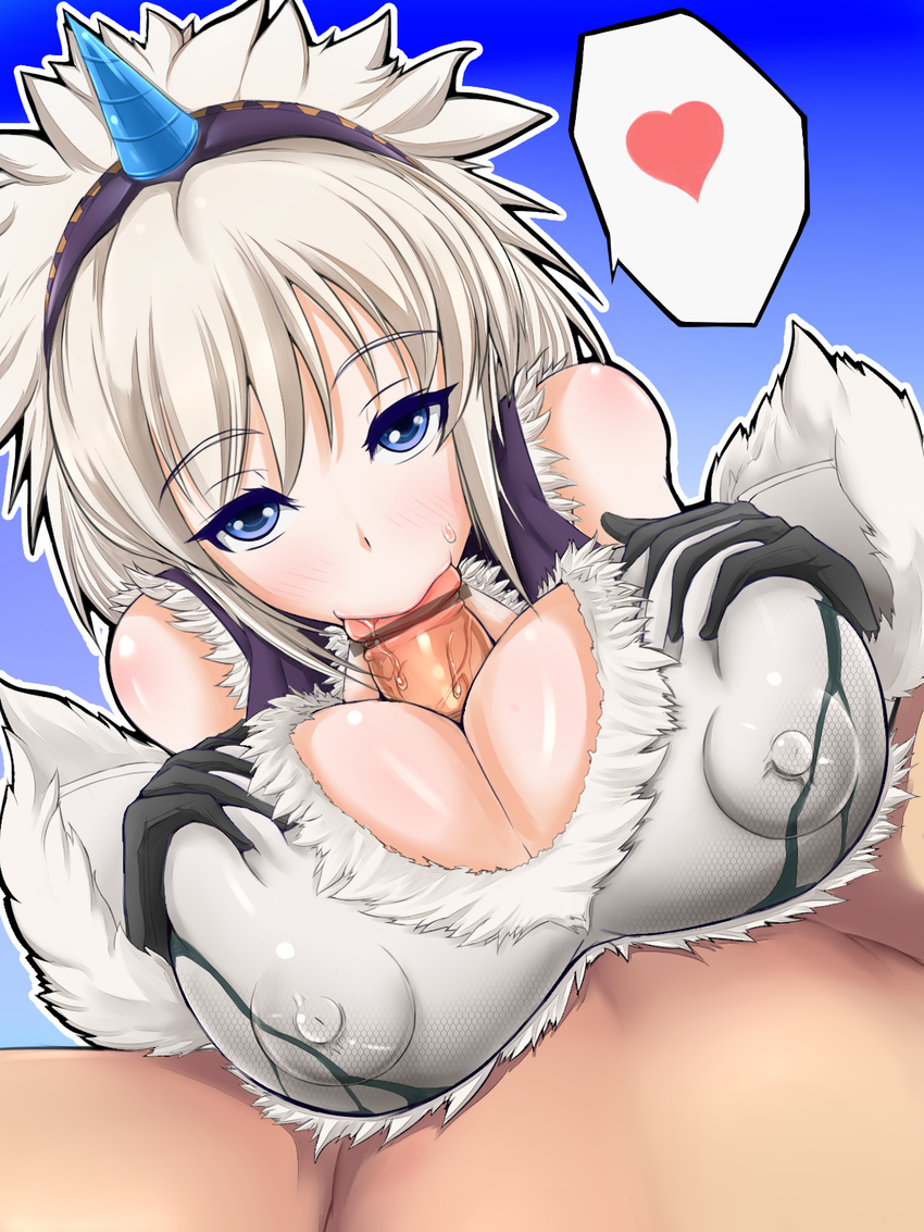 1girl blue_eyes breasts capcom censored clothed_sex erect_nipples fellatio gucchi_(n3gt6apf) heart highres horn kirin_(armor) monster_hunter monster_hunter_frontier oral paizuri paizuri_under_clothes penis penis_under_clothes white_hair