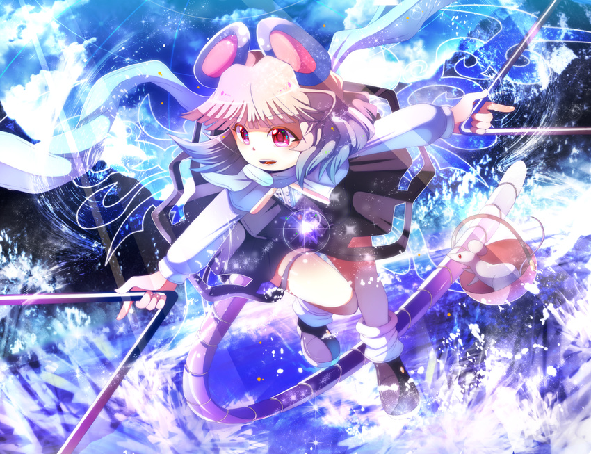 animal_ears bad_id bad_pixiv_id basket capelet dowsing_rod dress fumiko_(miruyuana) grey_hair long_sleeves mouse_ears mouse_tail nazrin open_mouth rat red_eyes running scarf shoes short_hair smile solo tail touhou water