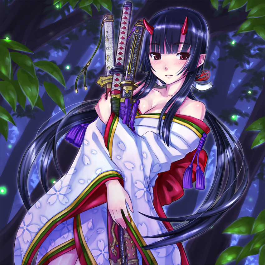 bangs bare_shoulders black_hair blush breasts cleavage collarbone highres holding horns japanese_clothes katana kimono leaf long_hair looking_at_viewer medium_breasts obi red_eyes sash shimano_natsume shingoku_no_valhalla_gate sidelocks smile solo suzuka_gozen sword weapon