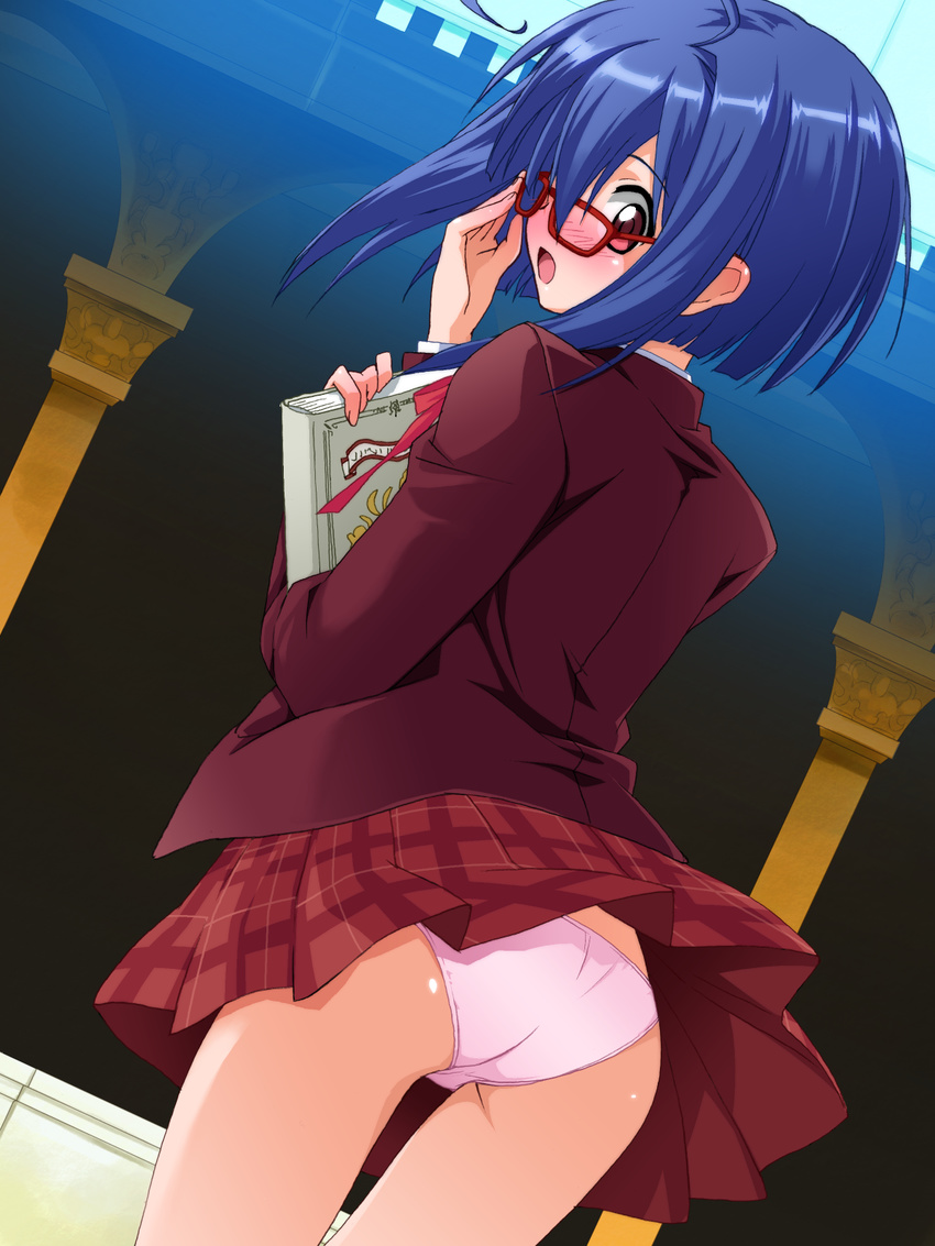 ass blue_hair blush book glasses highres looking_back mahou_sensei_negima! miyazaki_nodoka open_mouth panties pink_eyes pink_panties saipaco school_uniform serafuku short_hair skirt skirt_flip solo standing surprised underwear upskirt