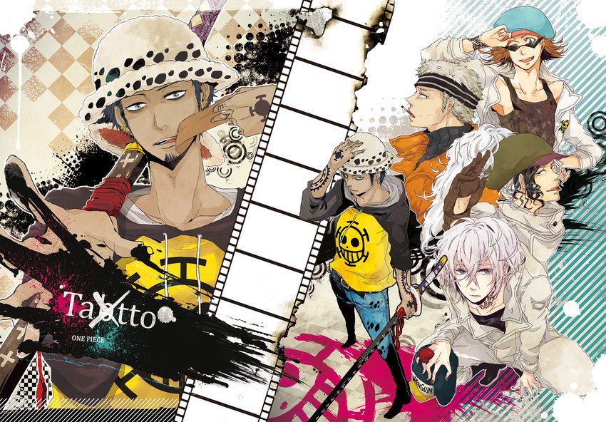 bear blue_hair cabbie_hat doctor earflap_hat earrings facial_hair fuzzy_hat goatee hat hat_pompom headband heart_pirates highres hood hoodie jewelry jolly_roger jumpsuit male male_focus multiple_boys nodachi one_piece penguin_(one_piece) pirate raglan_sleeves red_string shachi_(one_piece) sheath sheathed splatter string sword tattoo tongue trafalgar_law weapon white_hair