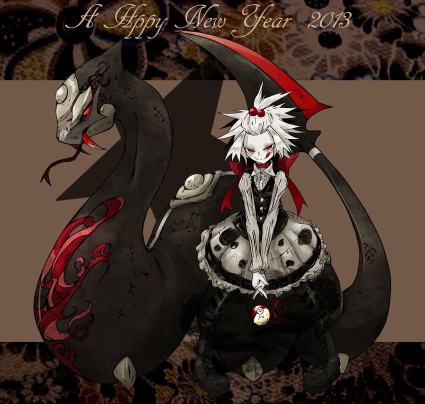 1girl 2013 :q alternate_color alternate_costume alternate_eye_color black_legwear boots dress fangs freckles gothic_lolita gym_leader hair_bobbles hair_ornament happy_new_year highres homika_(pokemon) licking_lips lip_licking lolita_fashion new_year nintendo pale_skin pokemon pokemon_(game) pokemon_bw2 red_eyes seviper short_hair skirt smile striped striped_legwear tail thighhighs tongue tongue_out topknot white_hair