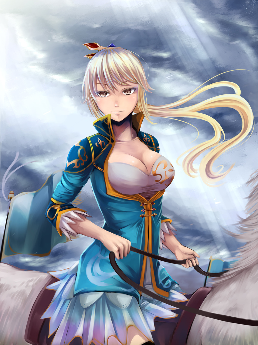 blonde_hair breasts brown_hair cleavage hair_ribbon highres horse irohasu long_hair medium_breasts ponytail reins ribbon riding saddle shin_sangoku_musou sitting skirt solo straddling wang_yuanji