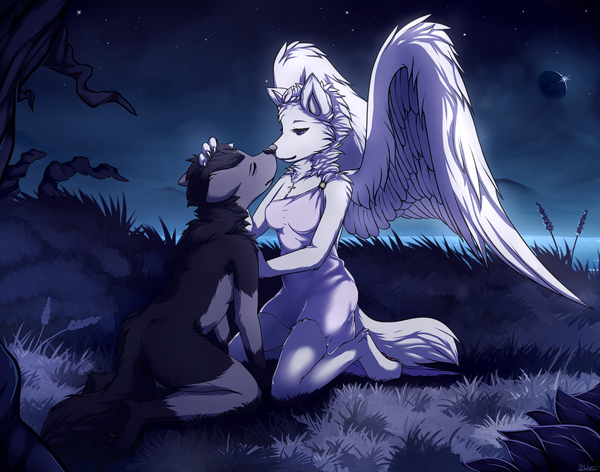 angel blackfury canine cool_colors female hyena mammal mightyena nintendo nude nuzzle pok&#233;mon pok&eacute;mon video_games wings wolf